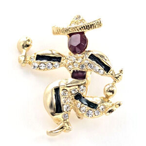 VTG Maracas Dancer Man Dancing Sombrero Enamel Rhinestone Gold Tone Brooch Pin